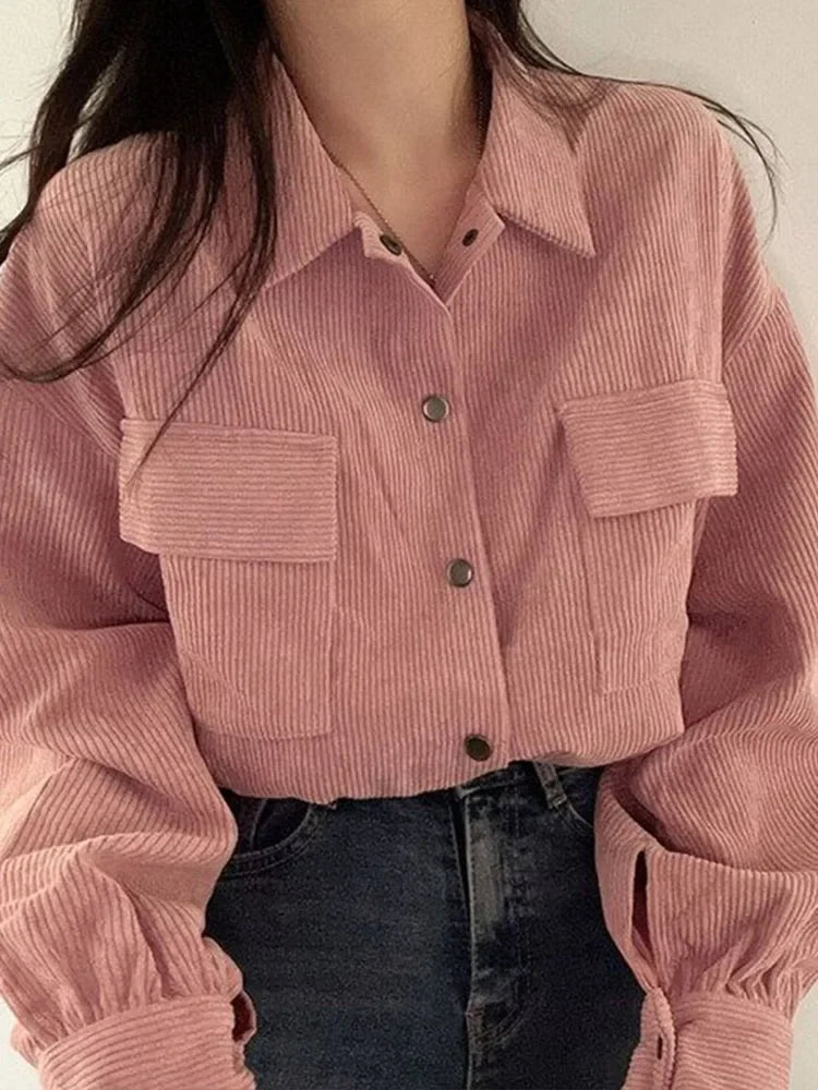 Frauen Vintage Cord Abgeschnitten Jacke Koreanische Mode Langarm Kordelzug Blusen Weibliche Lose Einreiher Mäntel Strickjacke