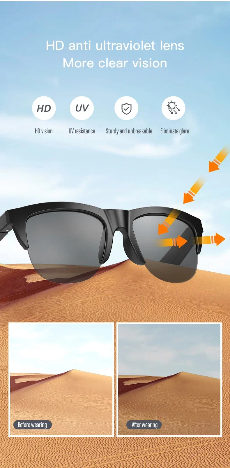 Neue intelligente Bluetooth V5.3-Sonnenbrille, Brille für Anrufe, Outdoor-Sport-Kopfhörer, HIFI, schwarze Technologie, Anti-Touch-UV-Schutz für Männer und Frauen