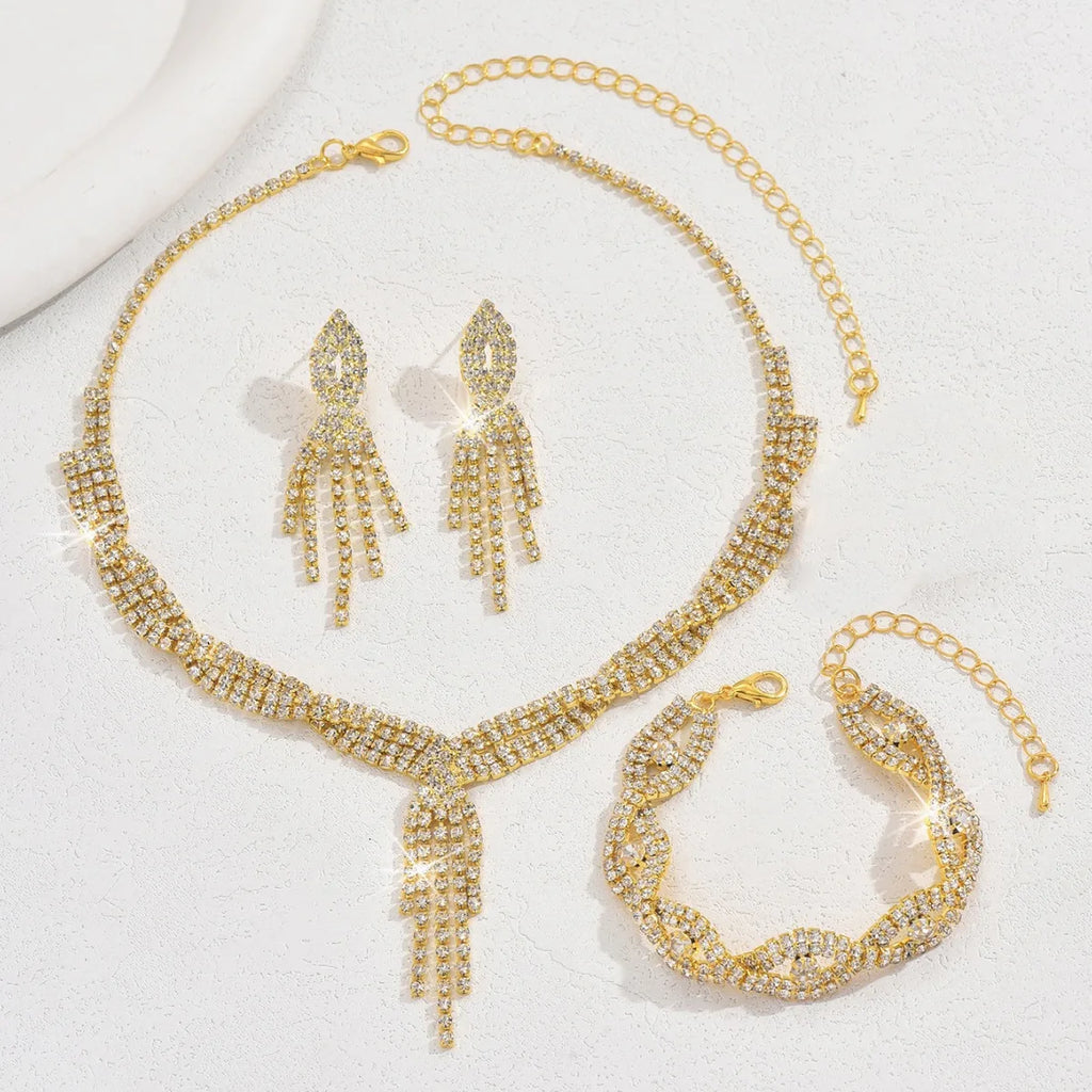 4PC Women's Fashion Copper Claw Chain Hollow Tassel Necklace Earrings Bracelet Jewelry Set Wedding Banquet Party Festival Gift