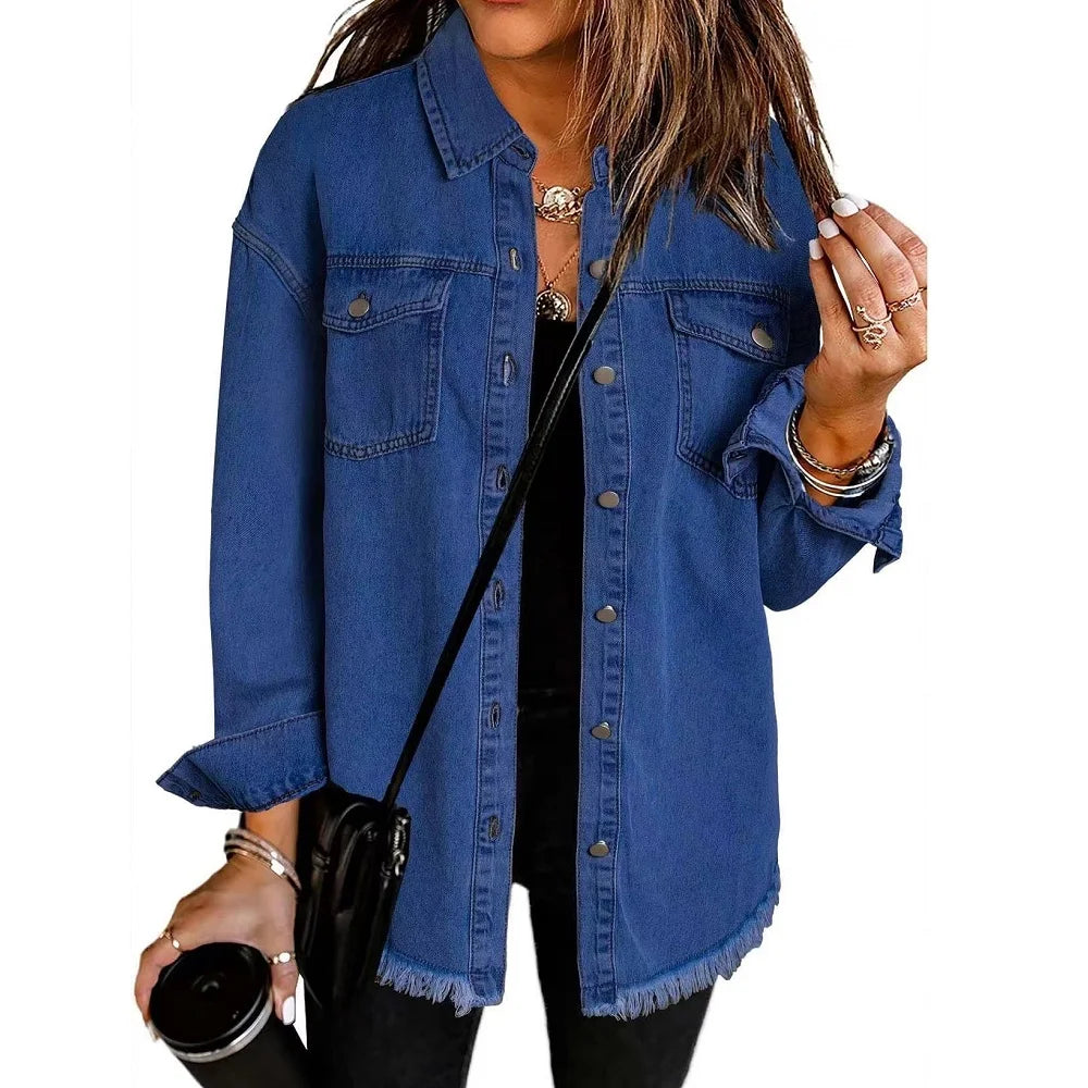 Gewaschene Denim Jacke Frauen Herbst Quaste Revers Jeans Jacke Weibliche Casual Lose Langarm Einreiher Oberbekleidung Shirts Mantel