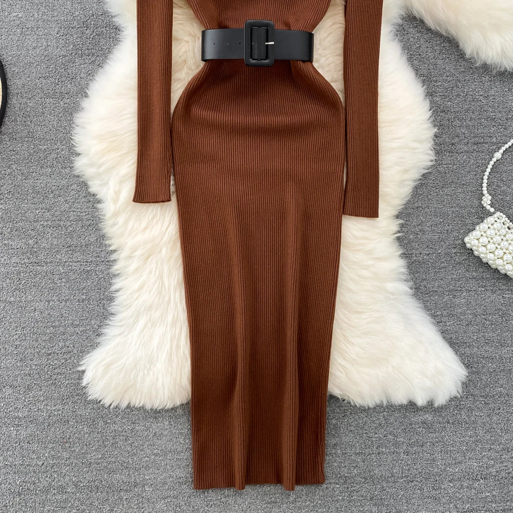 REALEFT Herbst Winter 2025, neue Rollkragen frauen Gestrickte Kleider mit Gürtel Langarm Elegante Bodycon Wrap Kleid Weibliche
