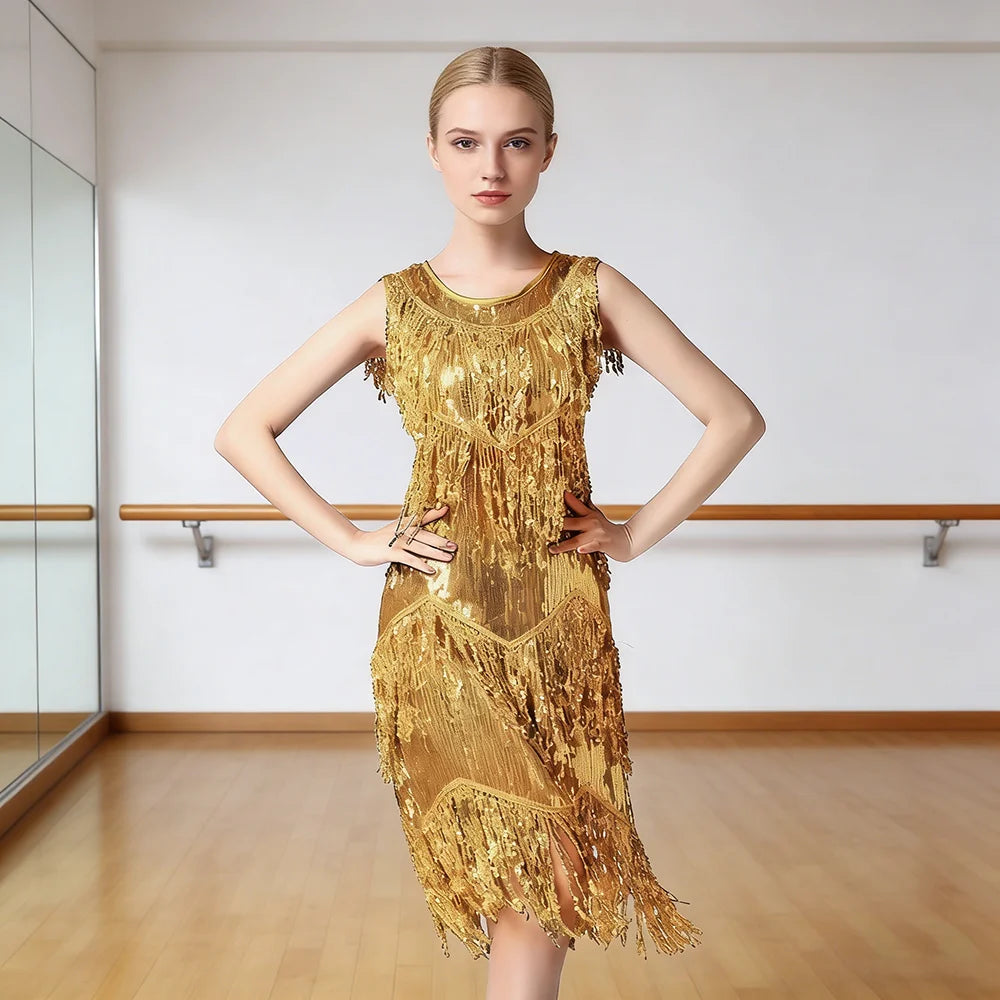 Lateinamerikanisches Salsa-Tango-Kleid für Damen mit Pailletten, Asymmetrischen Fransen, Rundhalsausschnitt und Brustmuster für Gesellschaftstanz