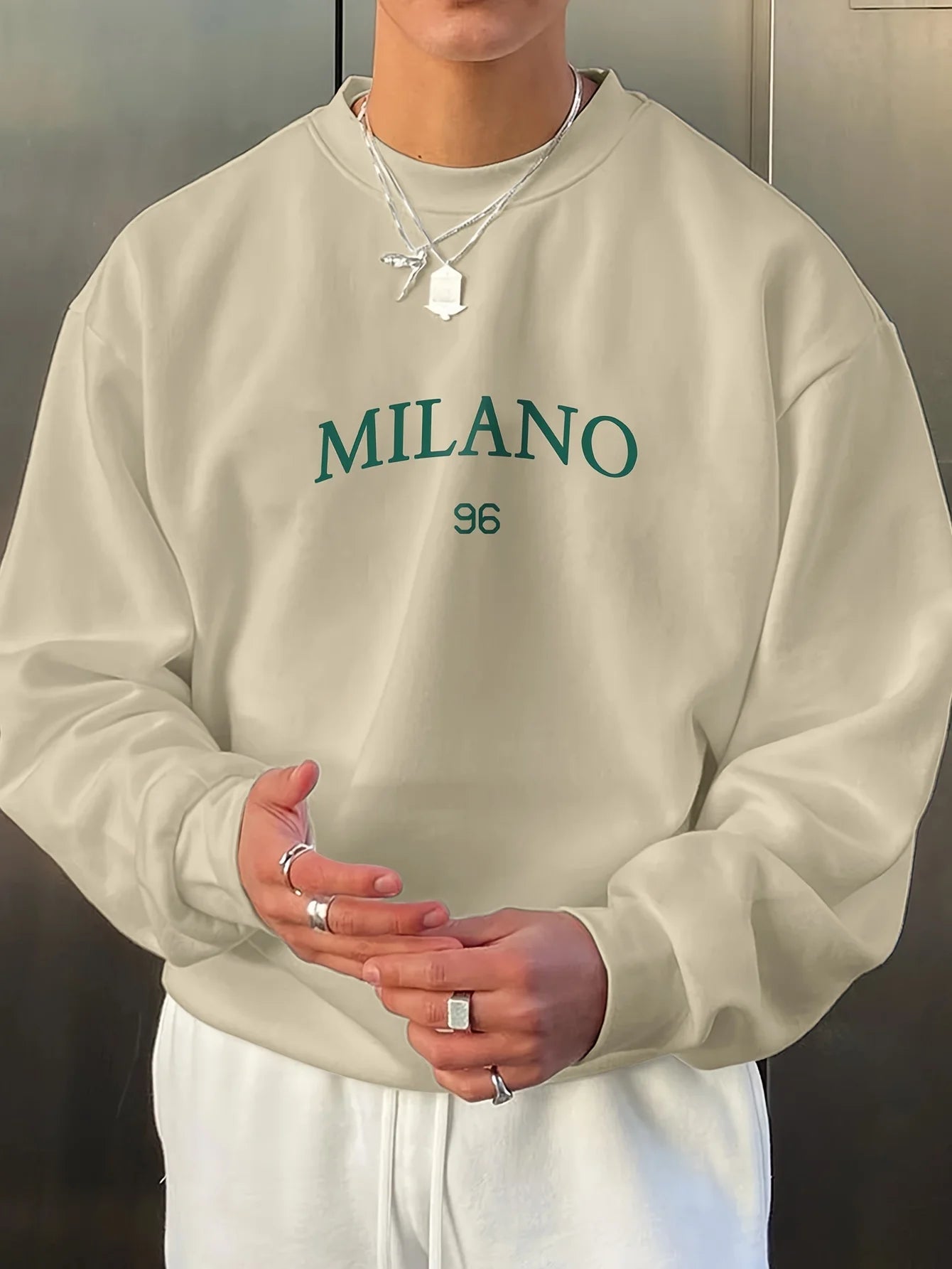 Men's autumn and winter fashionable casual loose MILANO 96 print fleece pullover long sleeved round neck sweatshirt