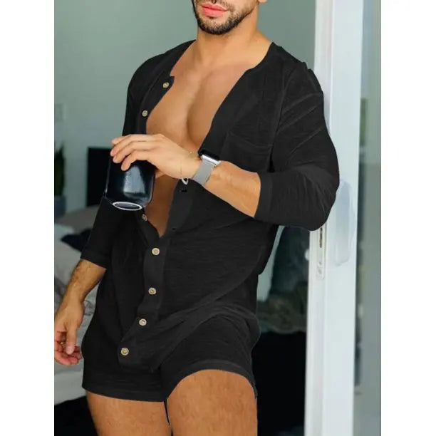 Neue 2024 Sommer-Pyjama-Sets in einfarbiger Farbe mit sexy langärmeligem Body und engem Overall für Herren