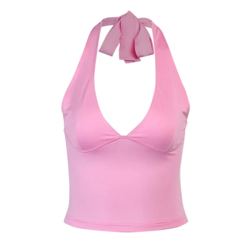 Sommer Halfter Leibchen Tank Top Frauen V-ausschnitt Sexy Tanks Camis Dünne Backless Rosa Korsett T Shirt Femme Tops WomanT-hemd