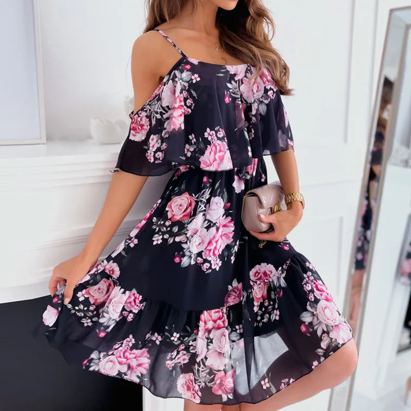 Sexy Off Schulter Floral Chiffon Mini Frauen Kleid 2022 Sommer Kurzarm Casual Weiß Rüschen Kleider Für Frauen Robe Femme