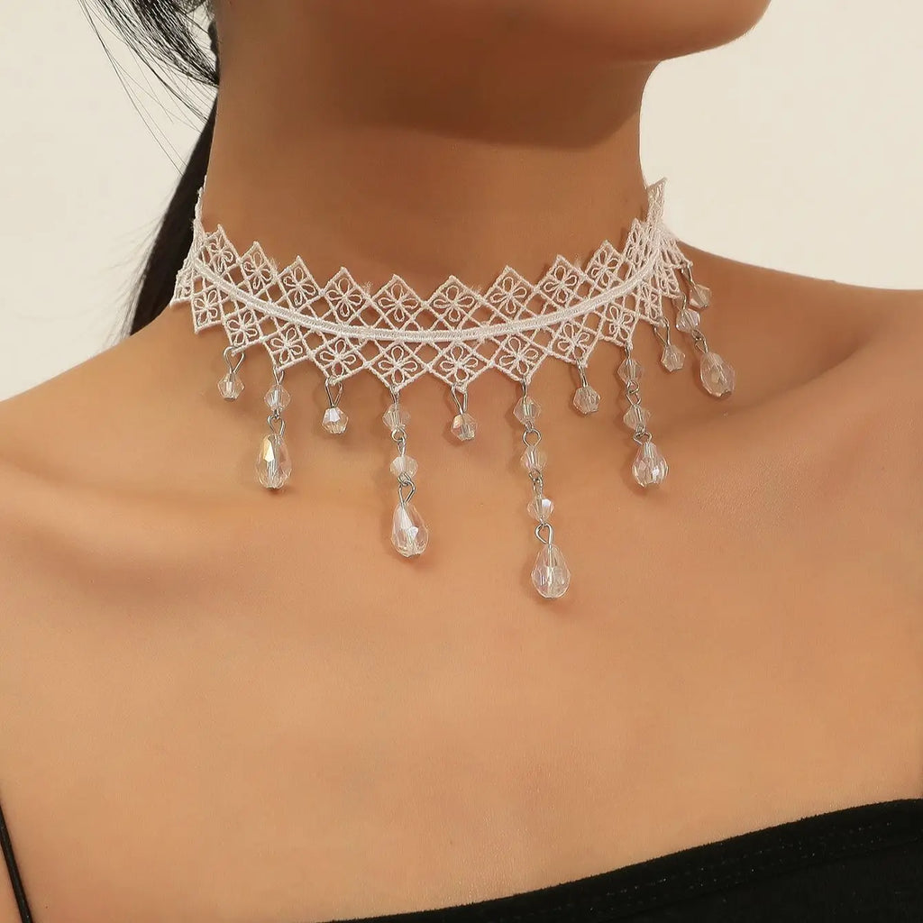1 Px Damen-Halskette, wunderschöne schwarze Spitze, Kristallfarbe, Blumen-Halskette, Strand, Reisen, Urlaub, Mode, klassisch, personalisierter Schmuck, Abend D