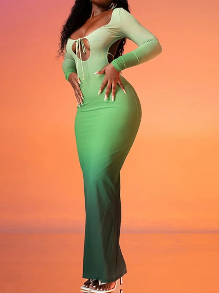 Sexy Vorne Brust Aushöhlen Gradienten Schlank Bodycon Maxi Kleid Frauen Cross Strap Backless Dünne Abendkleid Club Party Vestidos