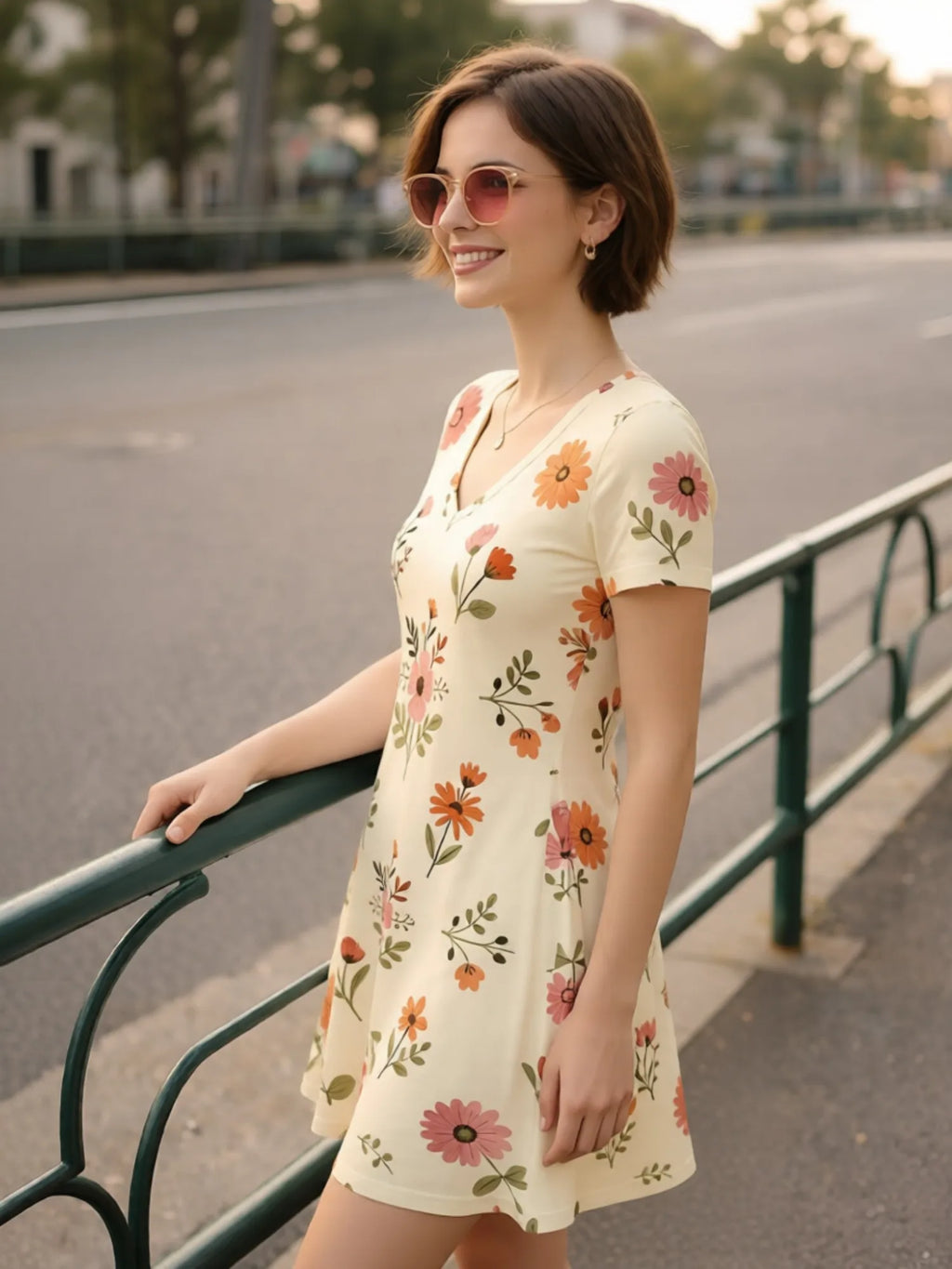 Damen-Minikleid mit V-Ausschnitt und Blumendruck, kurzärmelig, lässig, für den Alltag, Urlaub, Sommerkleid, Outfit, Garderobe, elegant, luftig, weich, bequem, schick