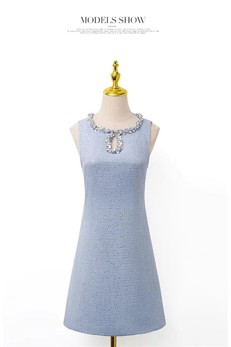 BESTBAFU Luxus Pailletten Kleine Duft Tweed Weste Kleid Frauen Herbst Winter Elegante Ärmellose Woolen A-Line Party Kleider 625P