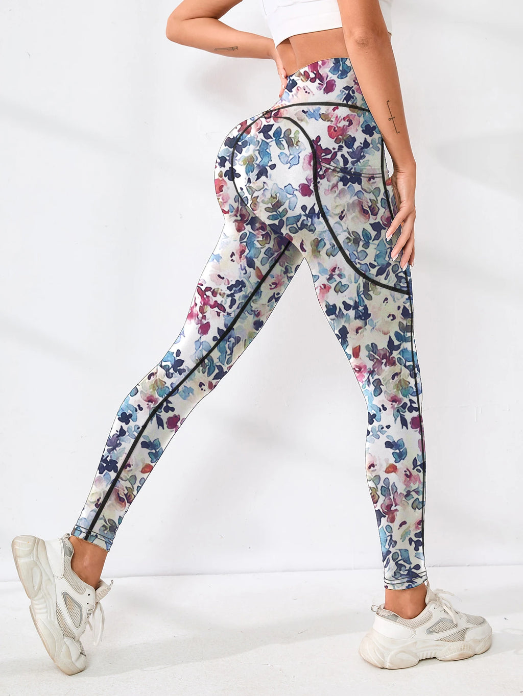 Bedruckte Damen-Fitnesshose mit hohem Bund und Tasche, gepaart mit engen Bauch-Yogahosen, geeignet zum Laufen, Wandern und Sp