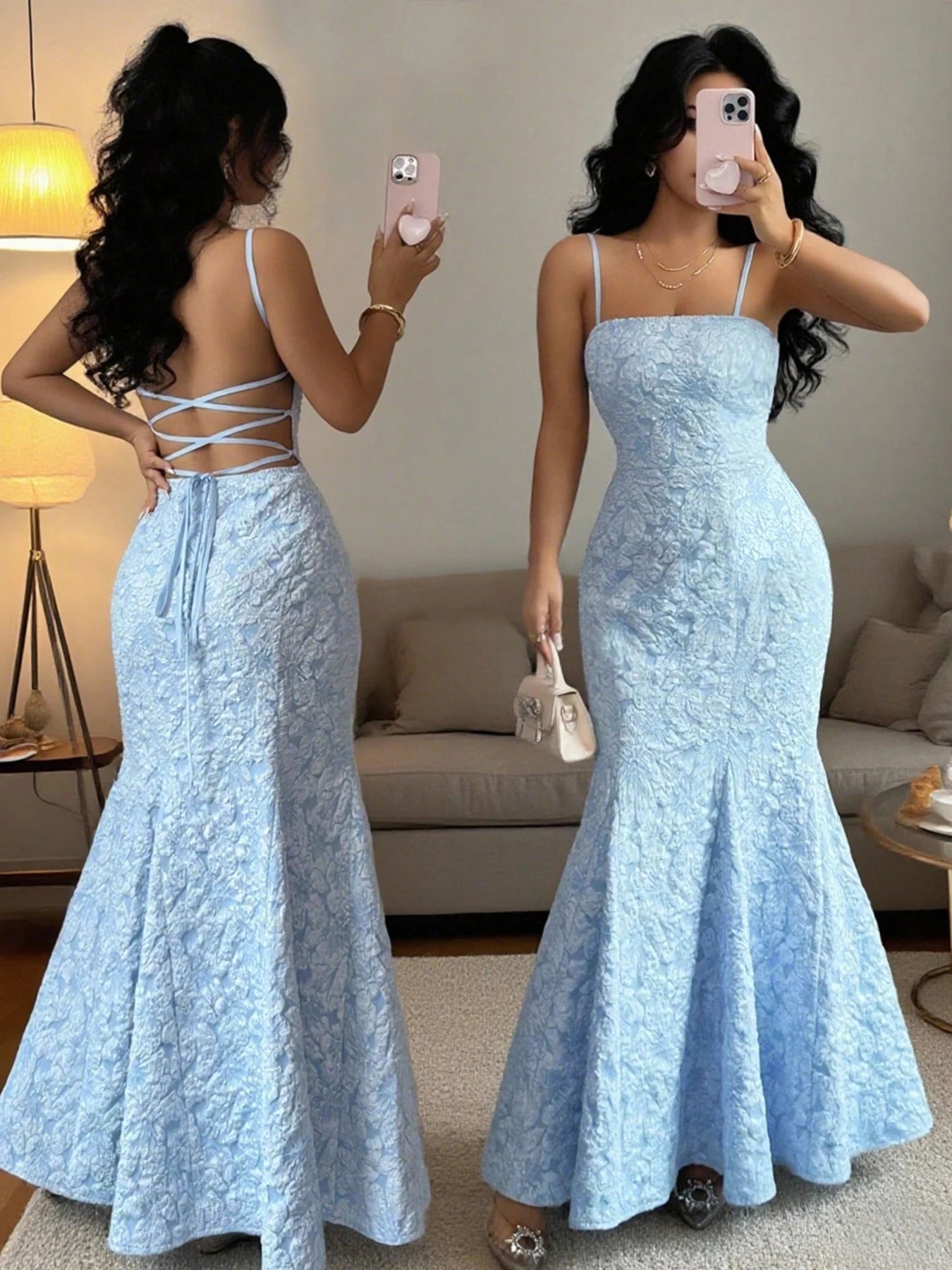 Damen Meerjungfrauenkleid Hellblau mit Spaghettiträgern, rückenfrei, Schnürung, Maxirock, formelles Abendkleid für Frühling und Sommer