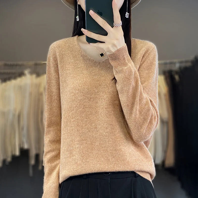 Frauen 100% Merinowolle Pullover V-Ausschnitt Basic Pullover Herbst Winter Kaschmir Kleidung Langarm weiche Strickwaren Tops einfarbig