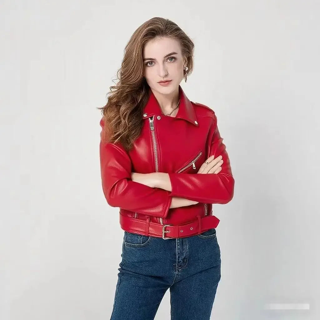 Damen-PU-Lederjacke, schmale Passform, Motorrad, gewaschener Reißverschluss, Oberteil, Herbst-Winter, modische Oberbekleidung, lässiger Stil, volle Ärmel