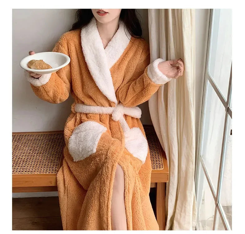 Verdickte Korallen Fleece Robe frauen V-ausschnitt Gürtel Langarm Mid-länge Süße Stil Warme Hause Kleidung Winter Saison