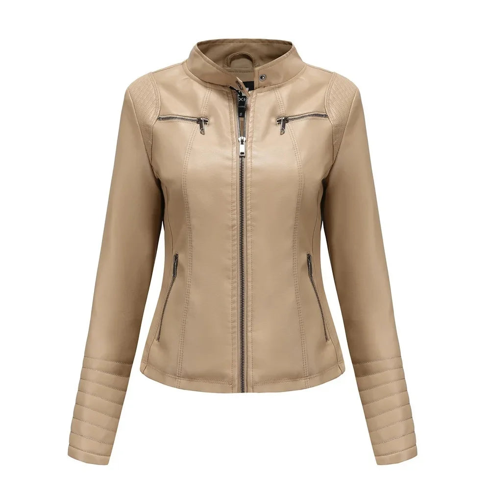Neue 20-Damen-Lederjacke, dünn, Motorrad-Stil, kurze modische Damenjacke, Stehkragen, volle Ärmel, aus dem Festland China