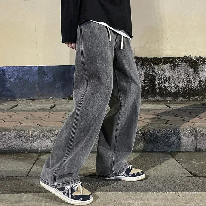 2025 neue Streetwear Lose Jeans Männer Koreanischen Stil, Mode, Lose Gerade Breite Bein Hosen Männer der Marke Kleidung Schwarz Licht blau