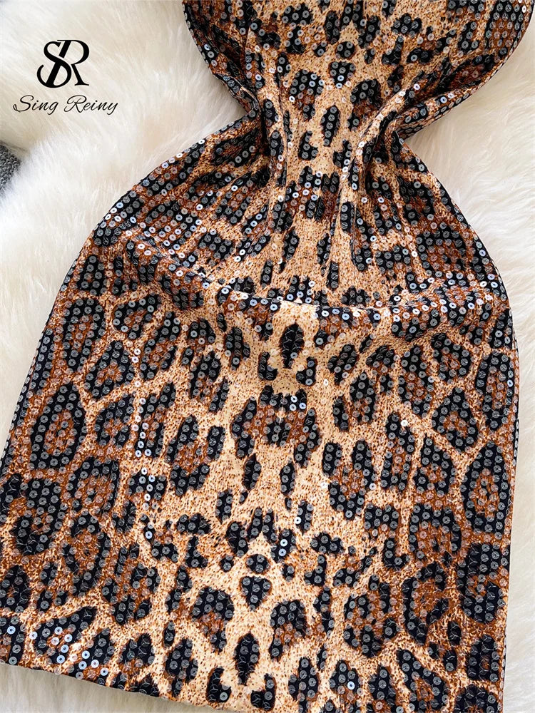 SINGREINY Sexy Leopard Women Dress 2026 Summer Trendy Night Club Party Sling Spicy Girl Sequined Glitter Bodycon Mini Dresses