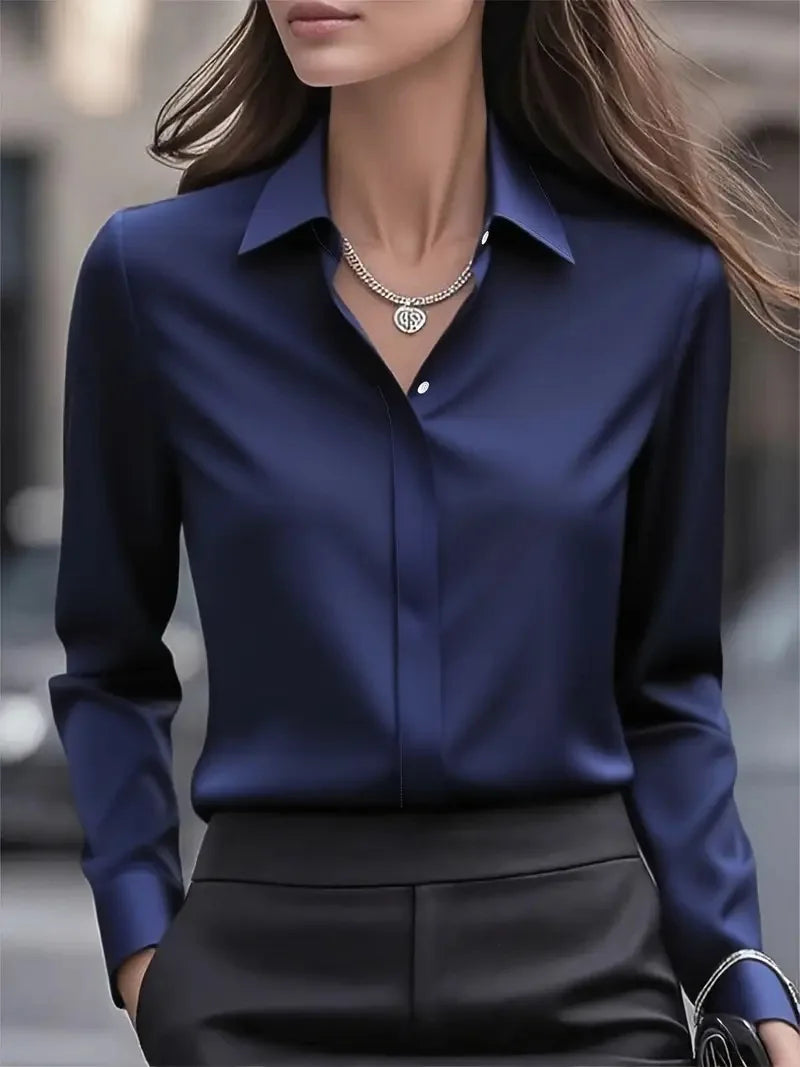 2025 Neues Damen-Langarmshirt, 10-farbiges Revers, Satin-Knopf-Cardigan, Büro, Pendeln, elegantes, einfaches Oberteil, Basic-Blusen