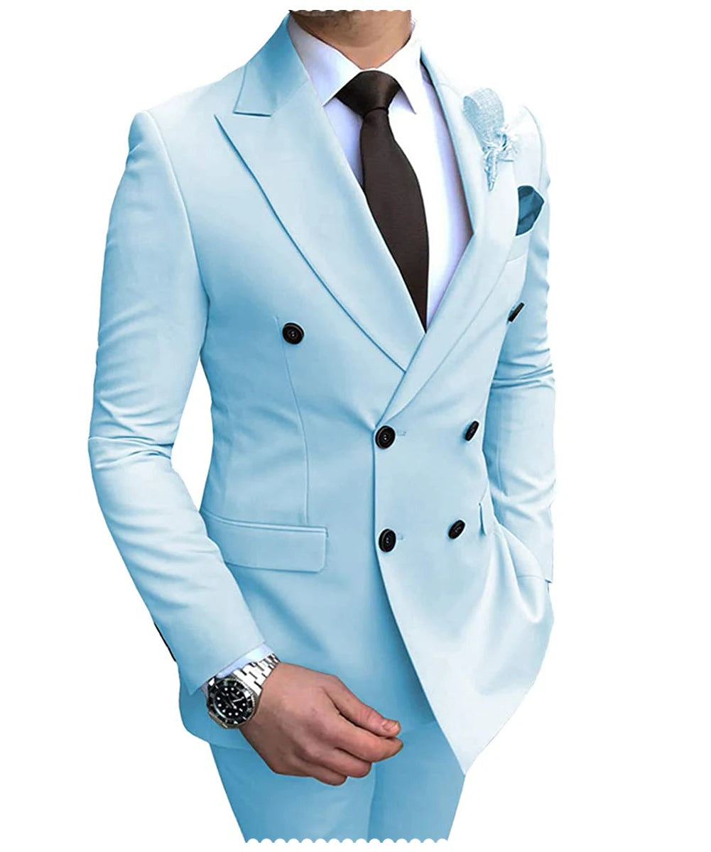 2024 Neuer beigefarbener Herrenanzug, 2-teilig, zweireihig, Reverskragen, flach, schmale Passform, lässiger Smoking für Hochzeit (Blazer + Hose)