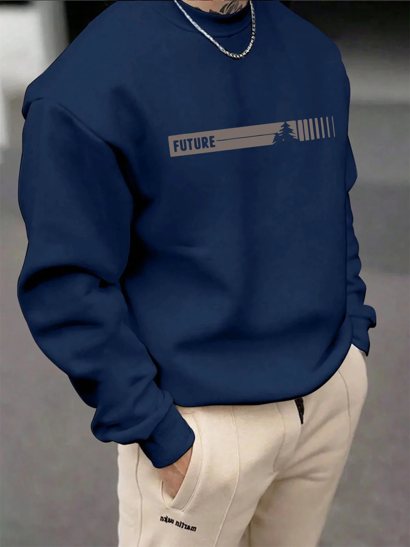 Men's autumn and winter fashionable casual loose futune letter graphic printed long sleeved round neck sweatshirt