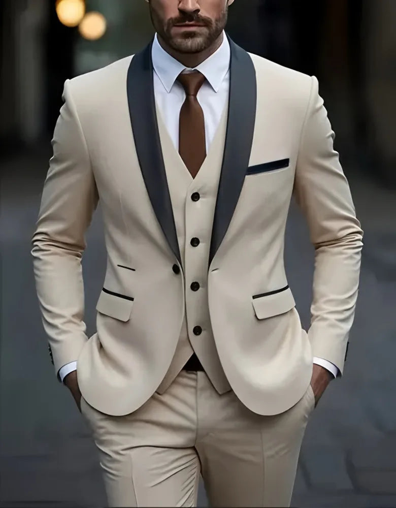 Formelles Anzugset für Herren, Business-Casual, Slim-Fit-Smoking für Hochzeit, langärmliges Revers mit Kerbe, Bräutigam