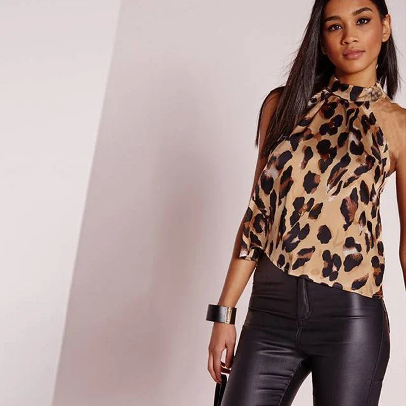 Sommer t-shirt Frauen Tops 2025, Sexy Leopard Print Tops Harajuku Mädchen T-Shirts Casual Halter T Shirt Weibliche Ärmellose Bluse