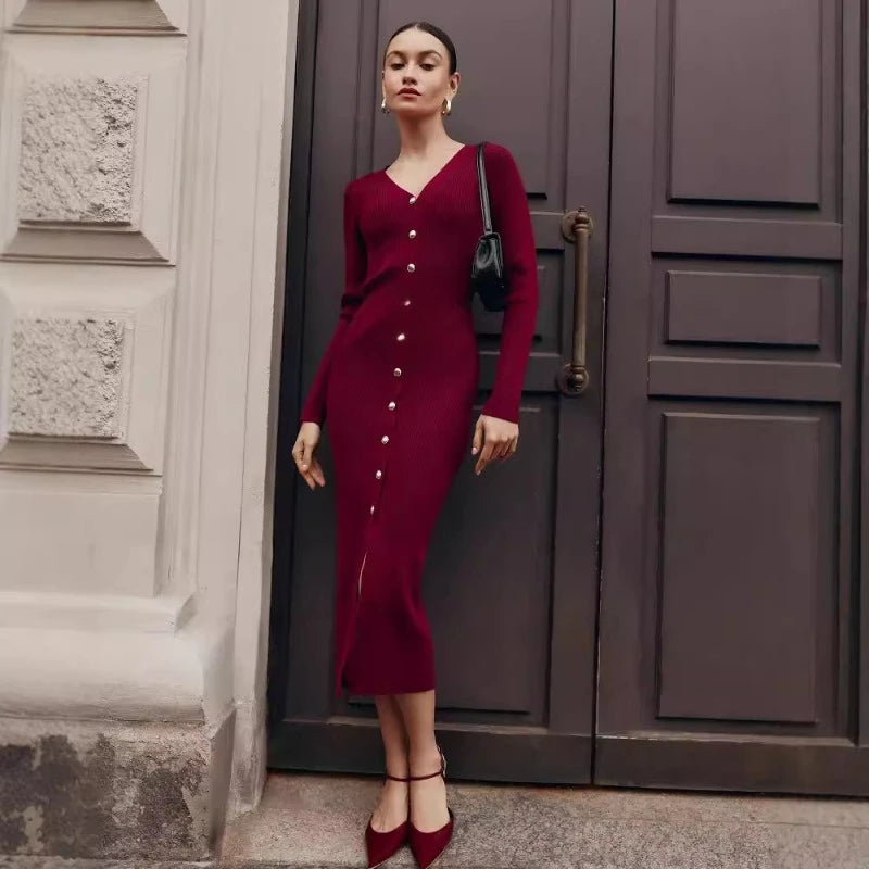 Trendix Elegantes Abendkleid für Damen, V-Ausschnitt, lange Ärmel, Patchwork, Knopf, Schlitz, Pullover, Kleider, 2024, Herbst und Winter, gestricktes Maxikleid