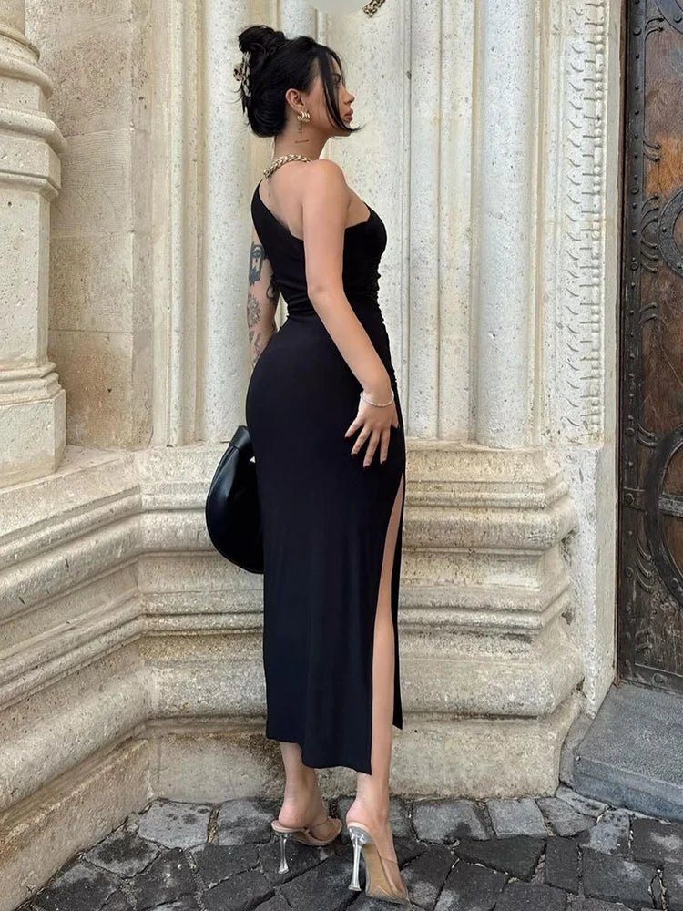 Damen Maxikleider Sexy Geschlitztes Schwarzes Ärmelloses Rückenfreies Schmales Kleid Sommer Damenmode Schulterfreies Club Elegantes Partykleid