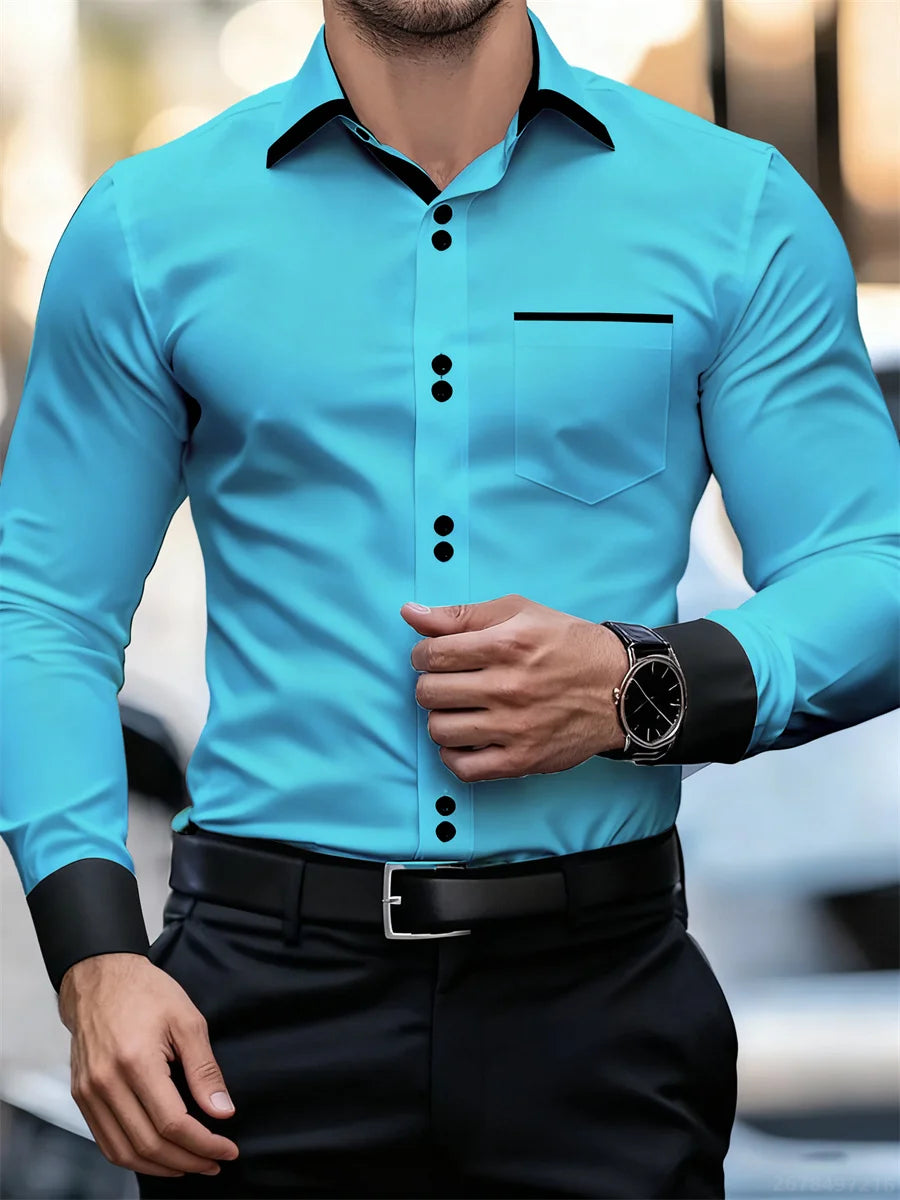 Herren-Business-Langarmhemd mit Farbblockkragen, schmale Passform, knitterfrei, schwarz-weißes Patchwork-Hemd, modisches Herrenoberteil