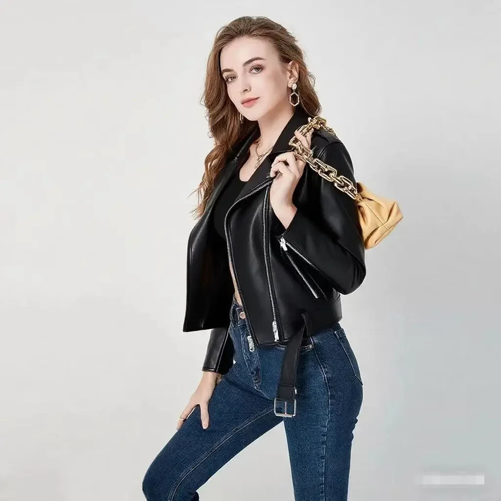 Damen-PU-Lederjacke, schmale Passform, Motorrad, gewaschener Reißverschluss, Oberteil, Herbst-Winter, modische Oberbekleidung, lässiger Stil, volle Ärmel