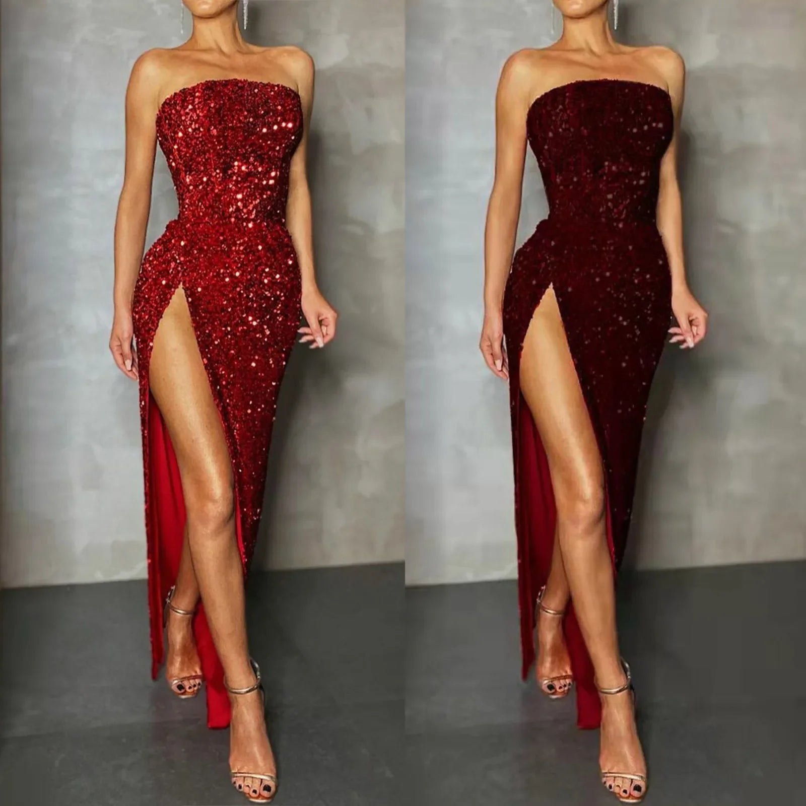 Maßgeschneiderte trägerlose Maxi-lange Kleider für Damen, funkelnde Pailletten, rückenfrei, sexy Abendparty-Kleider, Vestidos, schmal, hoch geschlitzt, formell