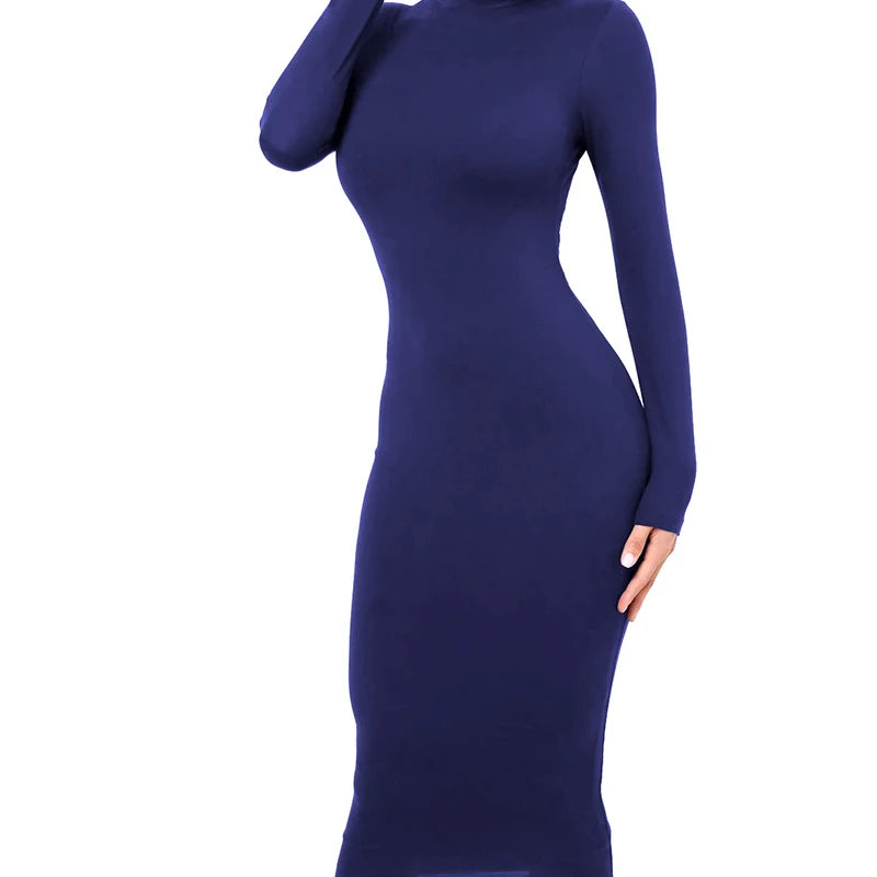 Winter Schwarz Rollkragen Sexy Frauen Kleid Herbst Langarm Dünne Midi Boydcon Casual Blau Plüsch Knie-Länge Party