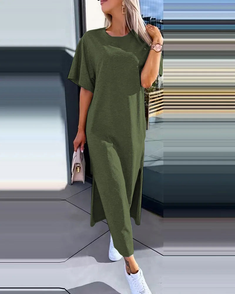 Fashion Simple O Neck Short Sleeve Solid Dress For Women New 2024 Summer Casual Loose Comfortable Split Long Dress Robe Femme