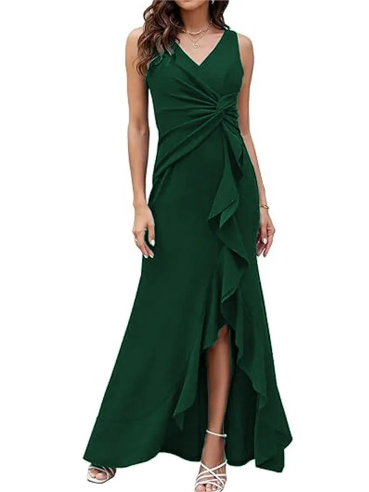 Sexy Schlitz, Rüschen, ärmellos, Abendkleider für Damen, modisch, V-Ausschnitt, schlank, plissiert, elegantes weibliches Maxi-langes Kleid 2025,