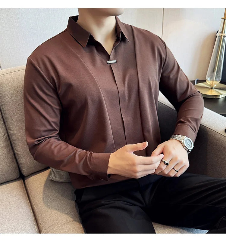 Men Long Sleeved Polo Shirt 2024 Autumn British Style Solid Casual Elastic Slim Fit T-shirt Formal Dress Polo Shirt Men Clothing