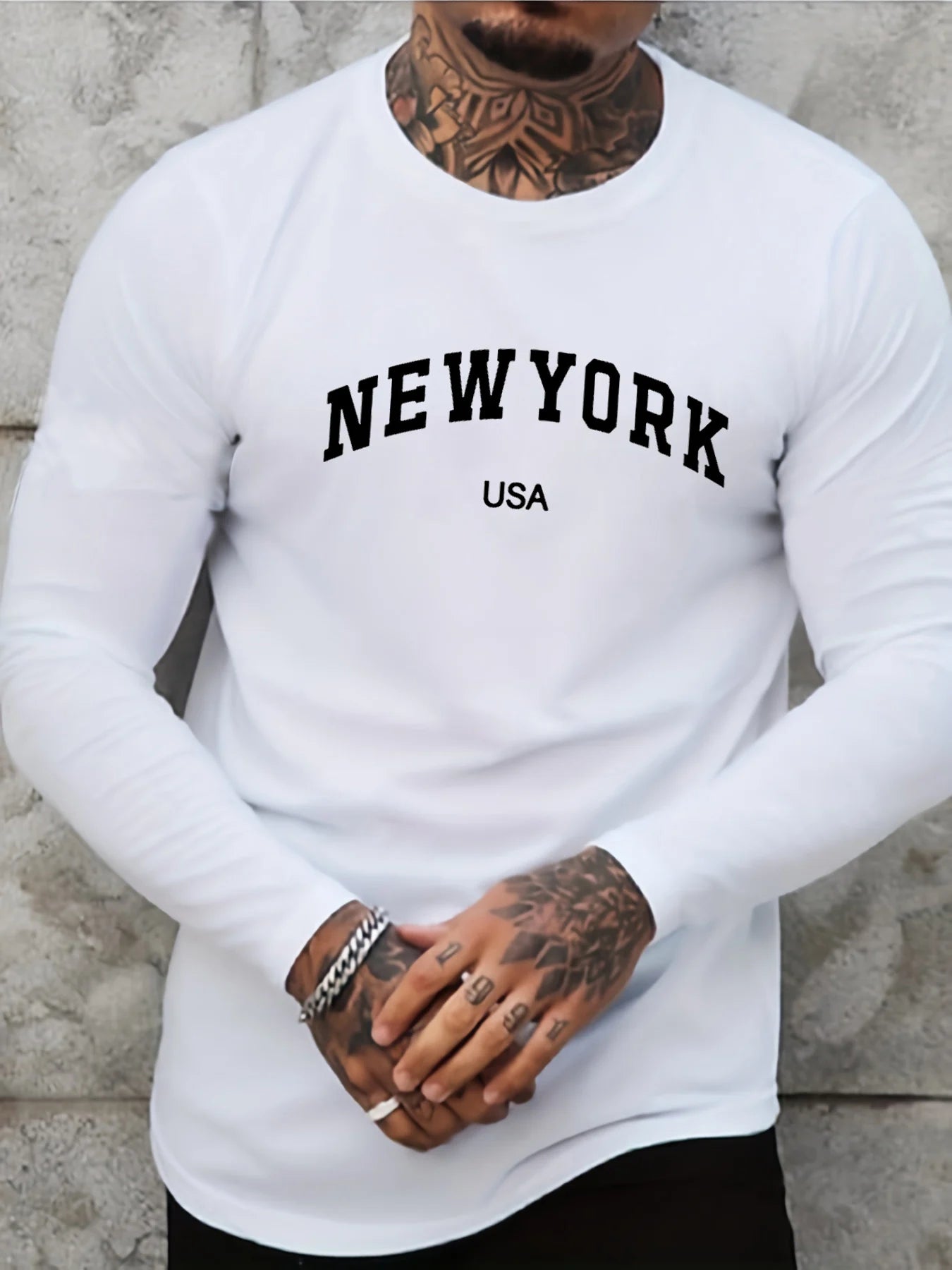 Men's 100% pure cotton comfortable sports casual loose plus size New York USA printed round neck long sleeved T-shirt top