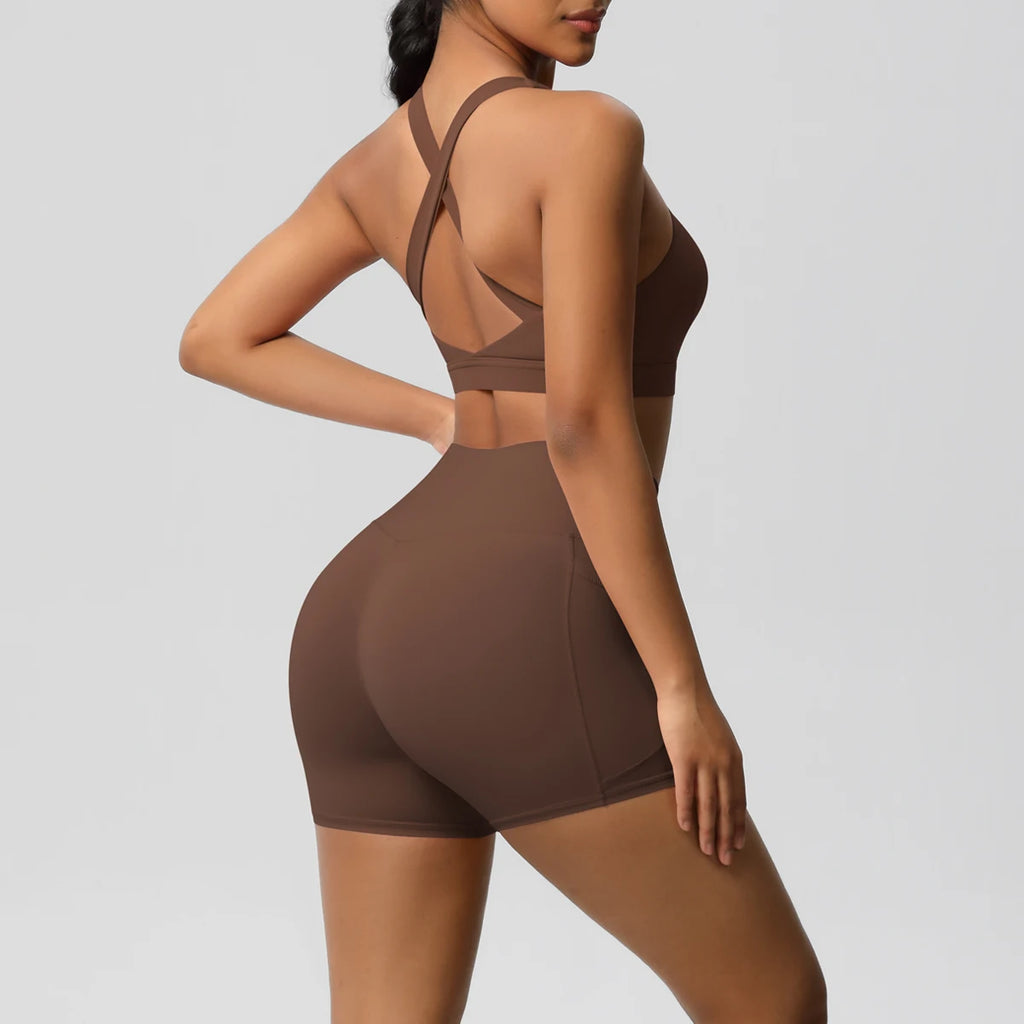 2PCS Sportswear Mit Taschen Yoga Set Gymnastik Kleidung Yoga Anzüge Für Frauen Trainingsanzüge Sport Shorts Crossover Bh Gym Leggings