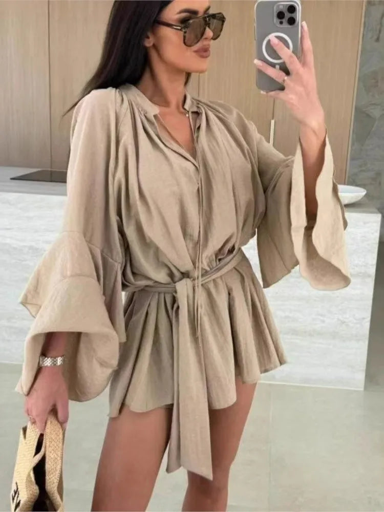 Süße ausgestellte Ärmel Kleider für Frauen 2025, sexy tiefer V-Ausschnitt, modisches Minikleid, Frühling, Sommer, Schnürung, solides Kleid, Robe Femme