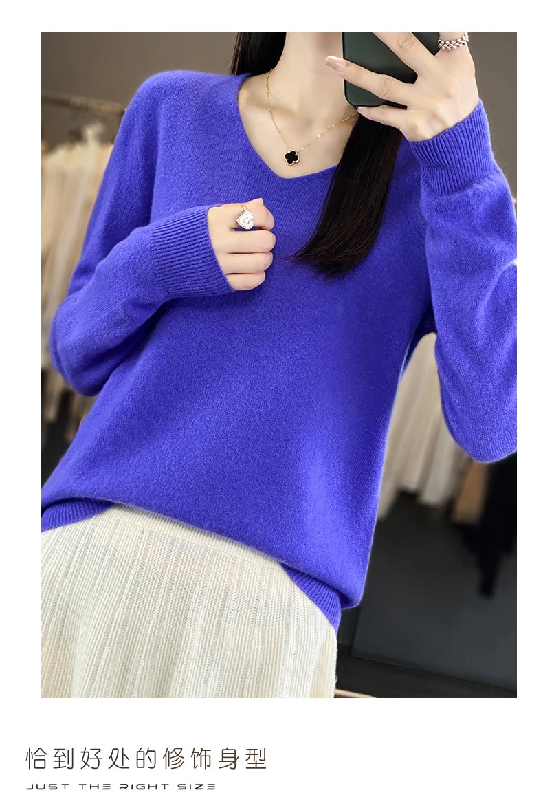 Frauen 100% Merinowolle Pullover V-Ausschnitt Basic Pullover Herbst Winter Kaschmir Kleidung Langarm weiche Strickwaren Tops einfarbig