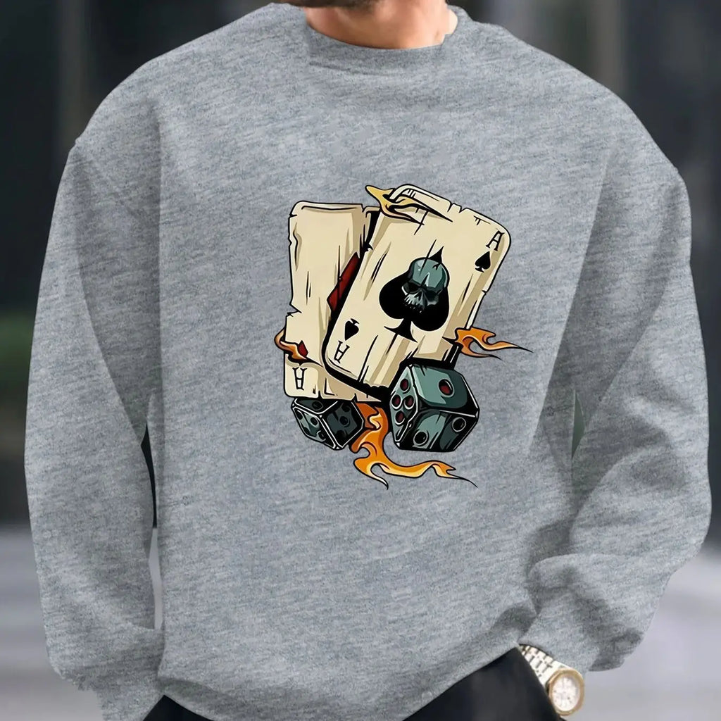 Men's autumn and winter fashionable casual loose poker and dice graphic printed long sleeved round neck sweatshirt