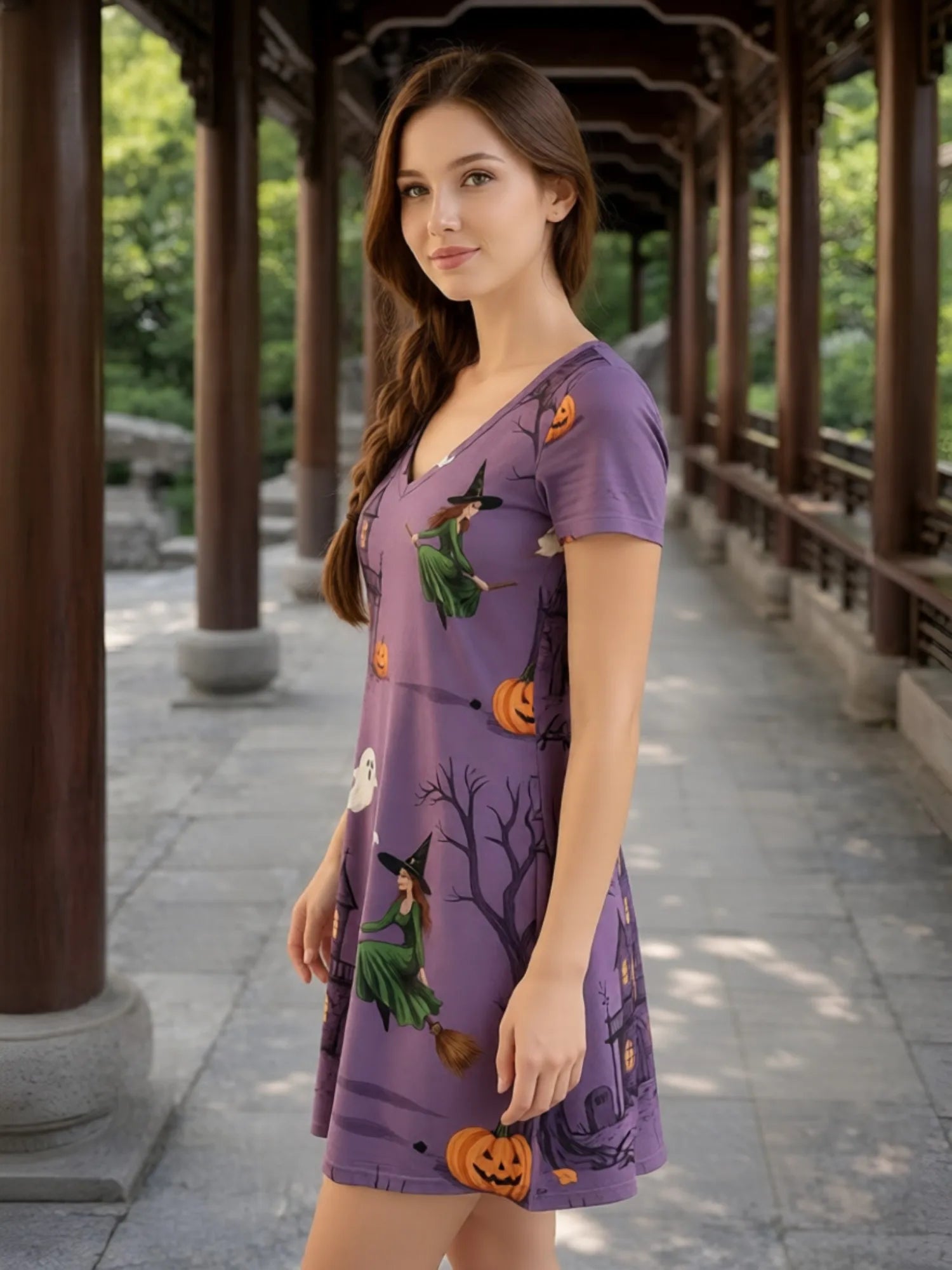 Damen-Kleid mit V-Ausschnitt und kurzen Ärmeln, Blumenmuster, lässig, für Wochenendreisen, Sommer, Sonnenkleid, Outfit, süß, modern, niedlich, frisch, Freizeit, Alltag, Party