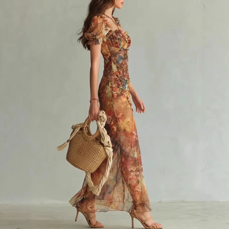 Boho Blumen-Maxikleid Damen Frühling Sexy Quadratischer Ausschnitt Gerafftes Schlitz-Bodycon-Kleid Neues Sommer Puffärmel Rüschen Partykleid