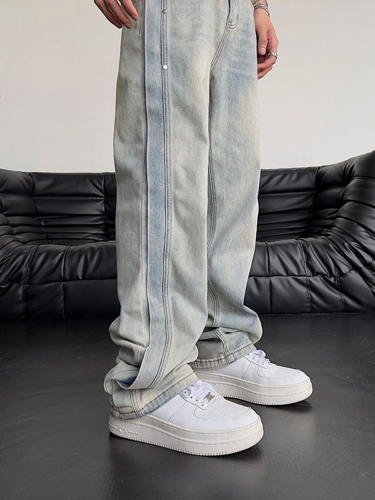 Jeans für Herren, locker, hellblau, Baggy, gerade, Cowboy-Hose, Punk, gespleißt, Y2k, Vintage-Hose, 2025, koreanischer Herbst-Trend, Baumwolle