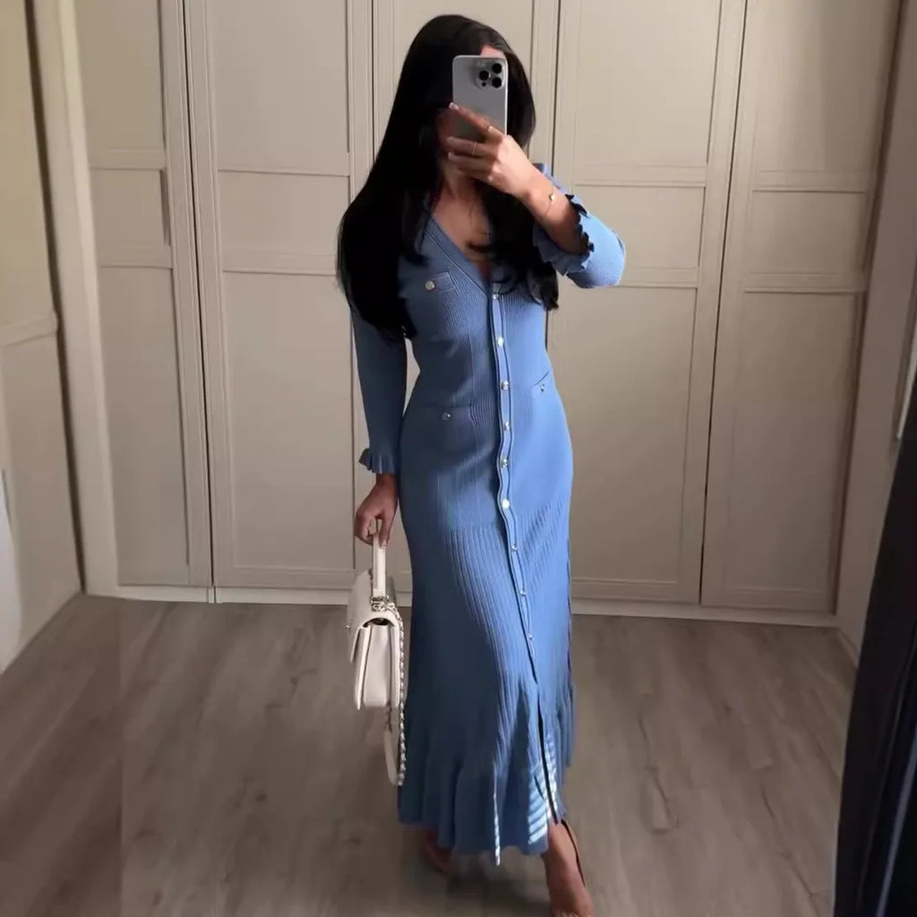 Kleid Frauen Lange Kleider Maxi Einreiher Volle Hülse V-ausschnitt Hohe Taille Schlank Party Herbst Elegante Splice Gestrickte Vestidos