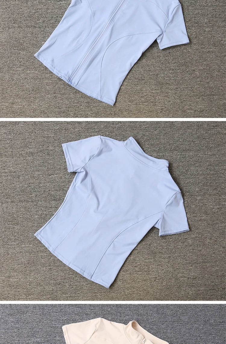 Damen-Sportbekleidung, schmale Passform, Polyester, schnell trocknend, durchgehender Reißverschluss, Outdoor-Fitness, Laufhose, kurze Ärmel, Damen-Yoga-Bekleidung