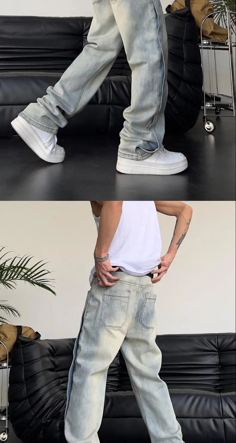 Jeans für Herren, locker, hellblau, Baggy, gerade, Cowboy-Hose, Punk, gespleißt, Y2k, Vintage-Hose, 2025, koreanischer Herbst-Trend, Baumwolle