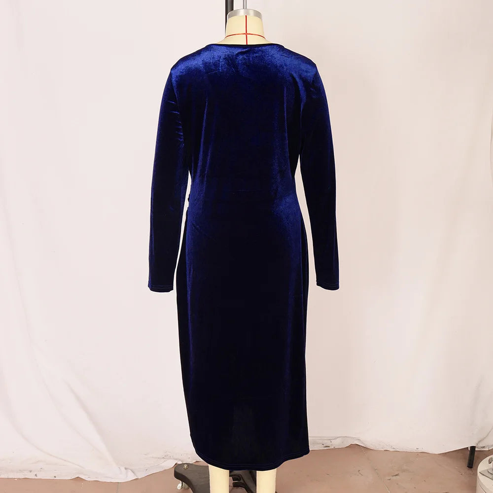 Elegante Samt Bodycon Kleid Frauen Sexy Gewickelt V-ausschnitt Langarm Geraffte Hohe Taille Midi Kleid Party Cocktail Kleider Vestidos