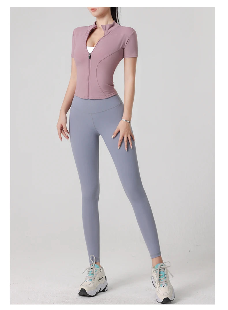 Woman yoga Jacket High Elastic Yoga Short Sleeve Coat Stand Collar Tight Sports Coat Naked Fitness Short Sleeve Female