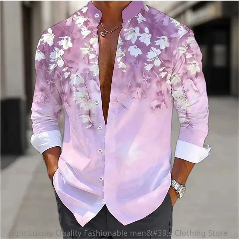 Neues Herren hemd Langarmhemd 3D-Druck Blumenmuster lang ärmel ige stehende Kleidung Mode lässig XS-6XL weichen Stoff